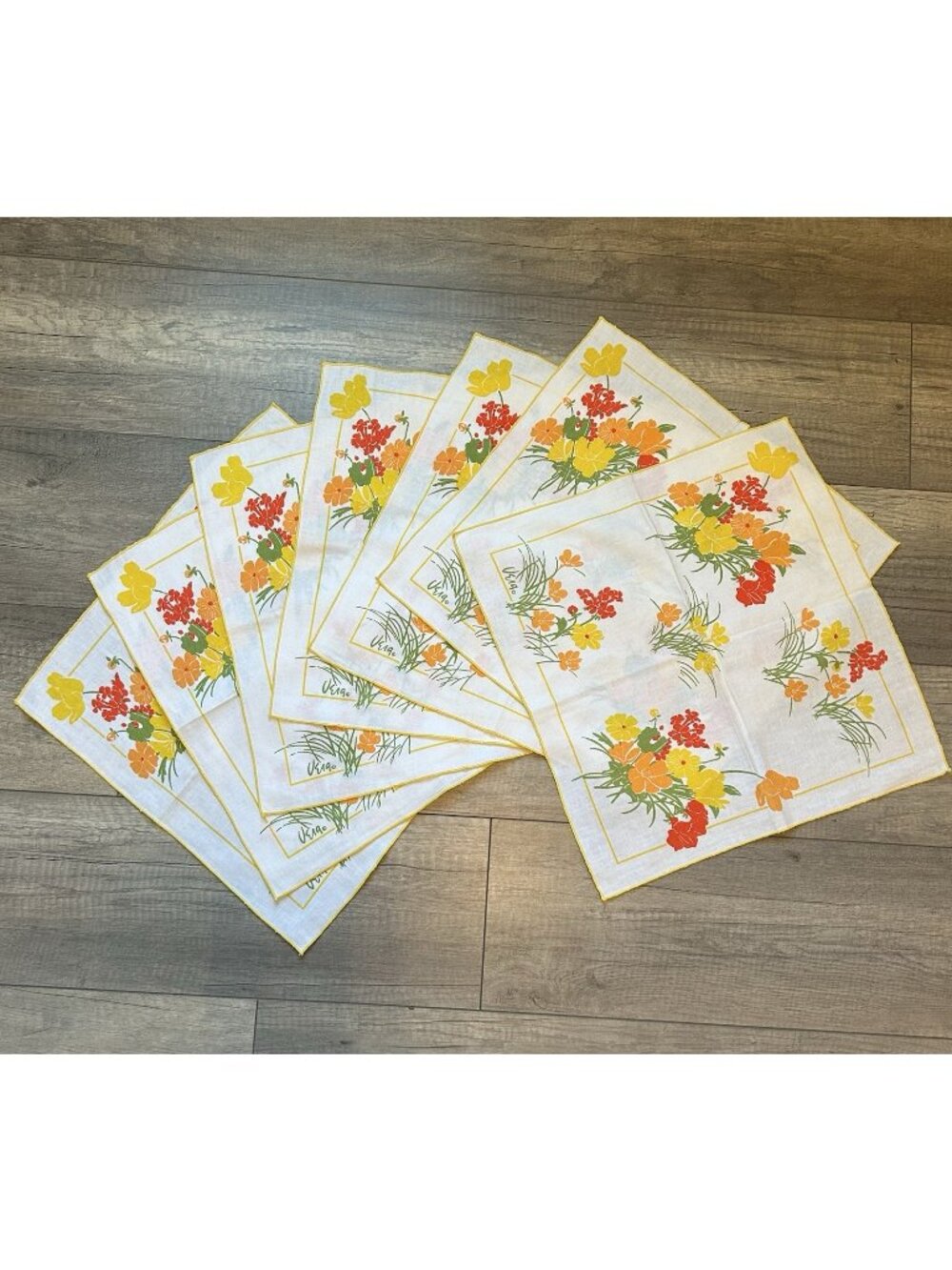 Vintage Vera Neumann Napkins Set of 7 MCM Floral Yellow Orange 15x15 Cottagecore